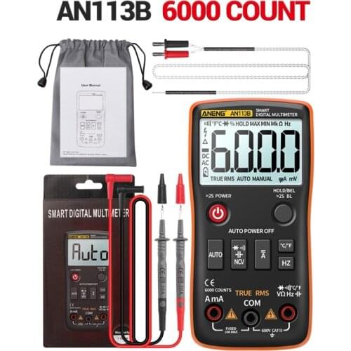 AN113B Digital Multimeter with Temperature Tester 6000 Counts Auto-Ranging AC/DC Transistor Voltage Meter True RMS