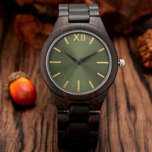 Mens Watch Wood Clock Retro Green Dial with Gold Nails Full Ebony Adjustable Wooden Band Sports Causal Dress Relogio Masculino
