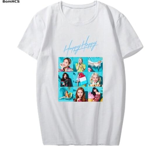 BomHCS Kpop TWICE HAPPY HAPPY Cotton T-shirt Unisex Casual Blouse Fanmade Basic Tee (Black White Pink Grey)