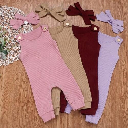 Pudcoco Newborn Baby Girl Boy Clothes Kids Solid Sleeveless Romper Knitted Jumpsuit + Headband Outfit Sleepwear Set 2020 New