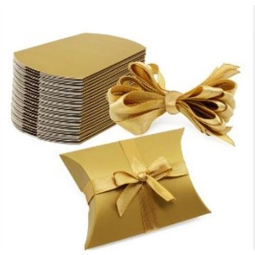 Kraft Paper Pillow Candy Box Favor Boxes for Wedding Party Baby Shower with Ribbon Chocolate Gift Treat Wrap gold silver white