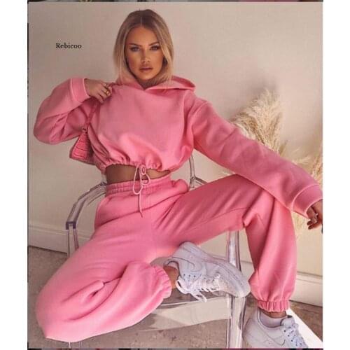 2021 Spring Women Tracksuit Solid Hoodies Sweatshirt Pants Sets 2 Pieces Set Female Cropped Top Pullover Trouser Suits