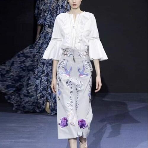 2021 Autumn Set Fashion Design Women White Ruffles Flare Sleeve Top+High Waist Embroidery Skirt Office Lady Suit