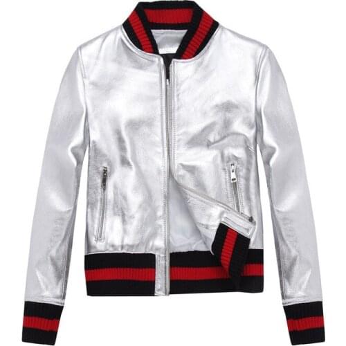 Fashion Gold/silver sheepskin bomber Chic womens baseball uniform Real leather jackets coat S531