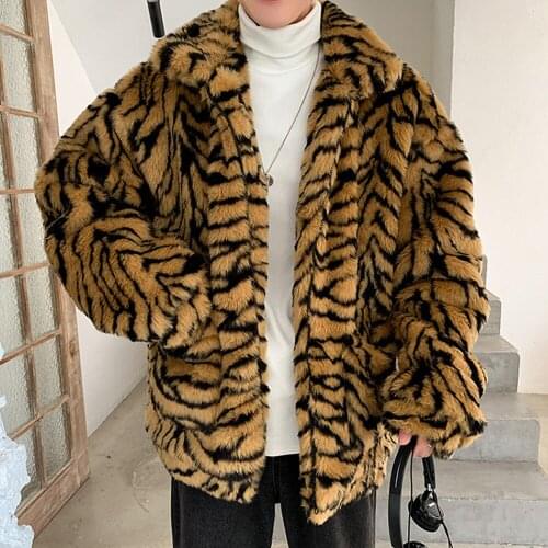 Man Winter keep warm Faux Fur coat Korean style fashion long sleeve Tiger leopard print thicken Imitation fur Retro loose coats