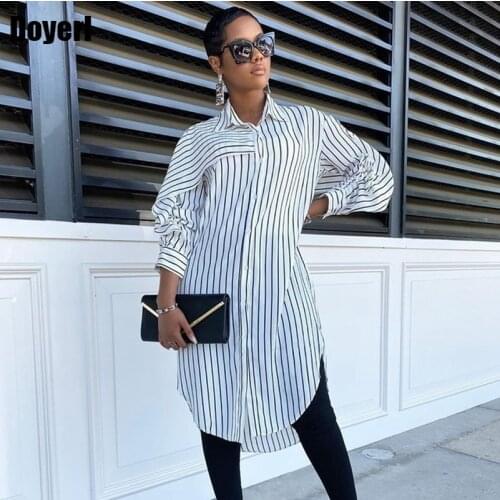 Autumn Long Sleeve Shirt Dress Women Loose Black White Striped Collar Button Up Korean Shirt Dress Casual Party Dress for Women