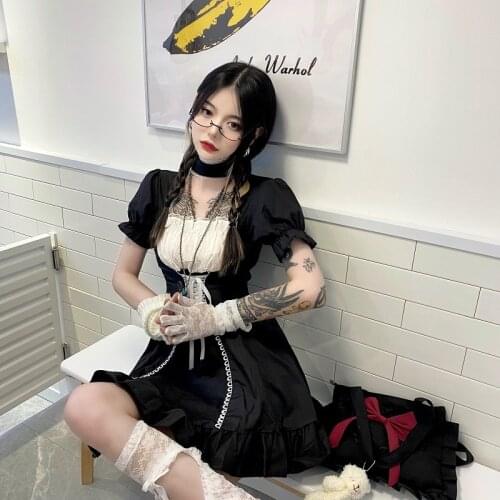 Summer French retro puff sleeve a-line waist stitching short-sleeved dress women