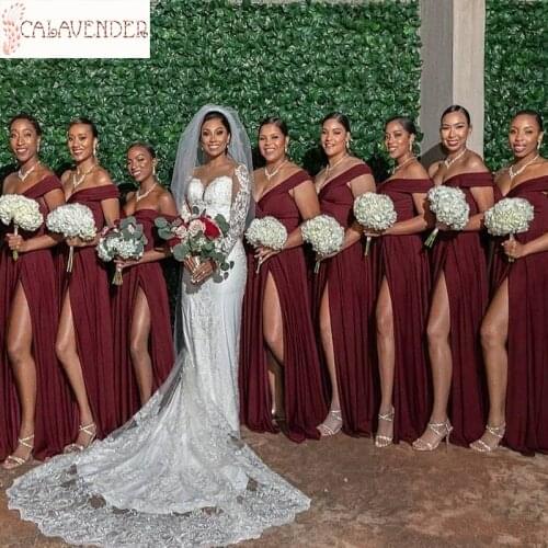 Off-shoulder Burgundy Chiffon Bridesmaid Dresses A-Line High Split vestidos de dama de honor Beach Wedding Guest Dresses