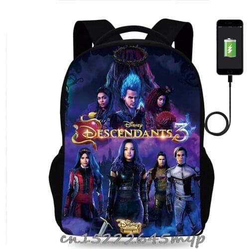Fashion Descendants 3 Backpack For School Girl Boy USB Charging Backpack Teenagers Backpack Laptop bag