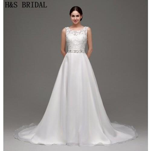 A-line boho Lace cheap wedding dress Sweep Train vestido de noiva Wedding Gown Beaded Simple Sheer Neck cheap-wedding-dress