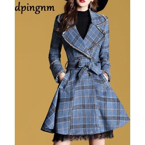 Winter Women Wool Blends Plaid Trench Coat Elegant Outerwear Casual Loose Thick Cardigan Female Cashmere Overcoat