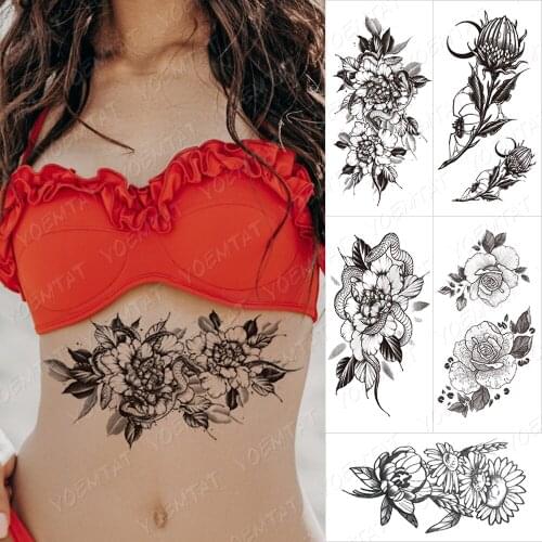 Waterproof Temporary Tattoo Stickers Peony Rose Flower Bird Snake Tattoos Female Black Minimalist Line Body Art Fake Tatto Women