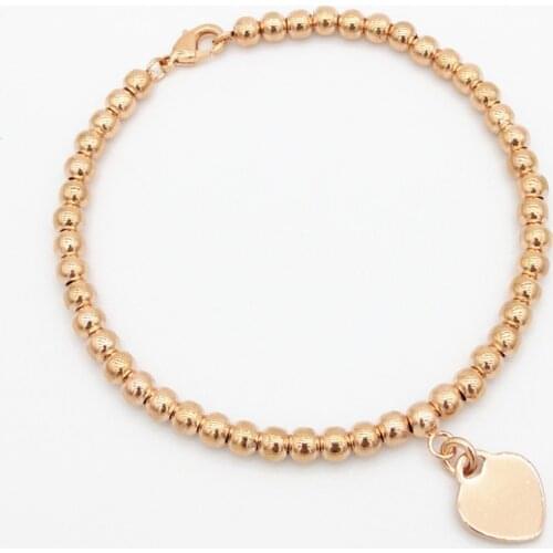 1: 1 sterling silver 925 classic fashion rose gold heart-shaped card 4mm round beads ladies bracelet jewelry holiday gift
