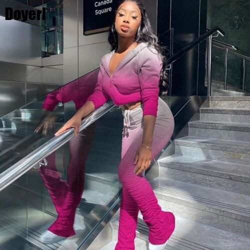 Womens Tracksuit Hoodies Pants Set Fall Sweatshirt Crop Jacket Drawstring Stacked Sweatpants Sweat Suit Women Two Piece Outfits