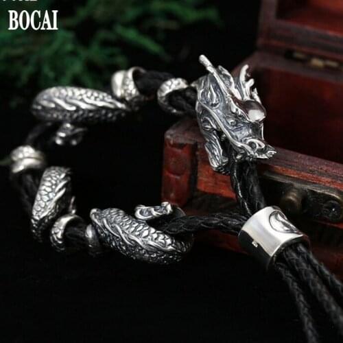 100% real S925 sterling silver personalized jewelry Thai silver classic retro gossip dragon thick stretch leather men
