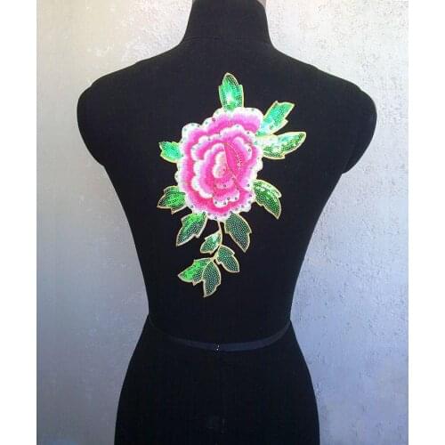 16*26cm pink shinning sequined peony flower & leaf embroidery & paillette patch applique for performance, clothes decoration DIY