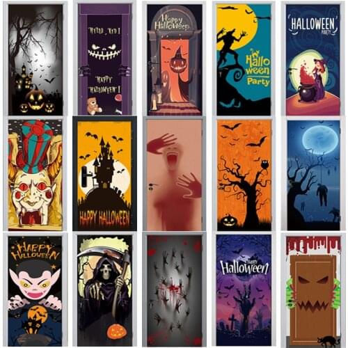 3D Halloween Door Sticker Horror Clown Death God Ghost Handprint Bat Transformed Werewolf Pumpkin Lantern Skull Home Decor Paste