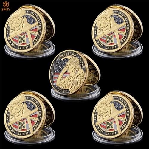 5Pcs 1944.6.6 WW II Infantry Ivy Div US Army Gold Plated Utah D-Day Decorative Coin Collectibles W/Protect Capsule