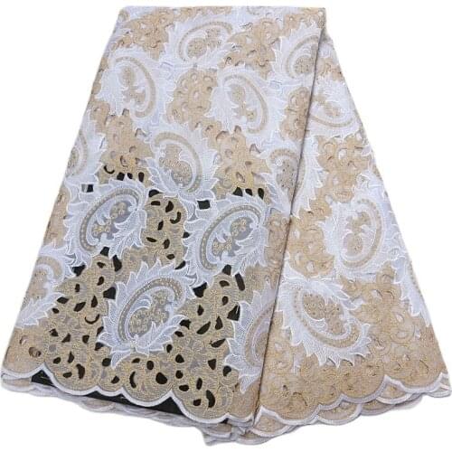 5 yards White Gold Handcut organza African lace fabric beautiful Nigeria garment sewing lace fabric with lots of stones