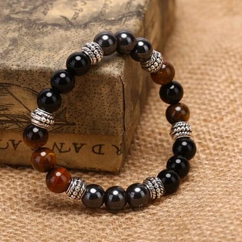 Natural Stone Bead Bracelet Tiger Eye Magic Hematite Obsidian Bangle Women