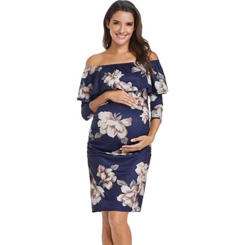 Cotton Nursing Maternity Flower Dresses Off Shoulder Pregnancy Dresses Ruffle Shoulderless Women Bodycon Dress Summer Pregnant