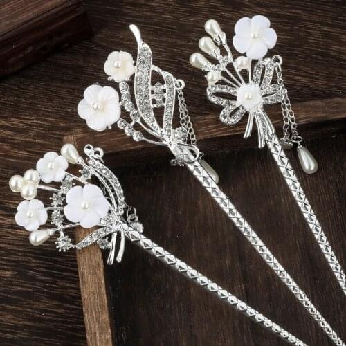 Chinese Style Metal Rhinestone Hairpin Pearl Flower Tassel Hair Stick Female Jewelry Silver Color Hair Clasp Vintage Headdress