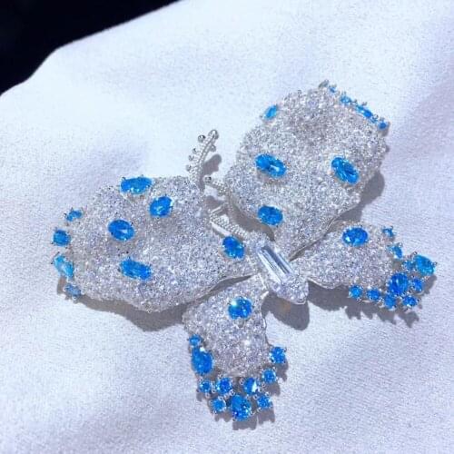 Insect large butterfly brooch pins fine women jewelry 925 sterling silver white and blue mixed color 43*60MM free shipping