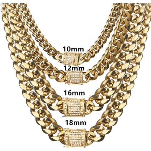 8-18mm Fashion Crystal Stainless Steel Gold Dragon Claw Clasp Jewelry Miami Cuban Chain Mens/Womens Necklace Or Bracelet 7"-40"