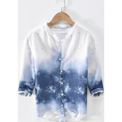 2049 Men Gradient Linen Shirts Printed Casual Retro Stand Collar Three Quarter Sleeve Fresh Comfortable Breathable Slim Fit Tops