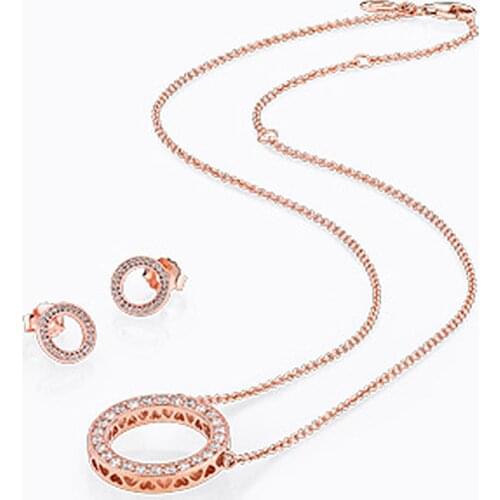 NEW925 sterling silver rose gold round hollow zircon earrings necklace ladies elegant clavicle chain earrings set