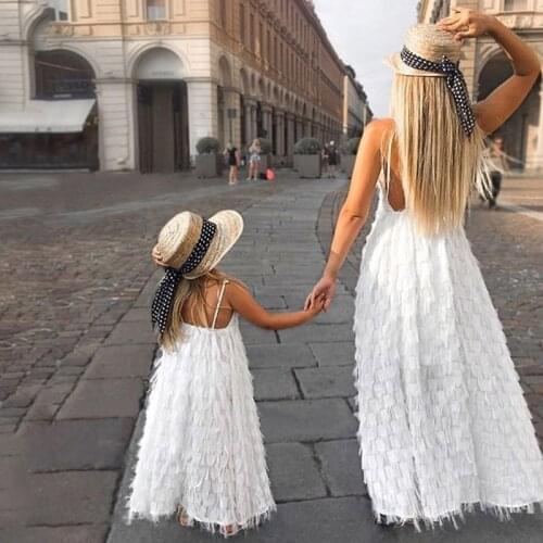 PatPat 2021 New Summer Fluffy Matching Long Dresses for Mommy and Me Matching Outfits Sleeveless Suspender Dresses