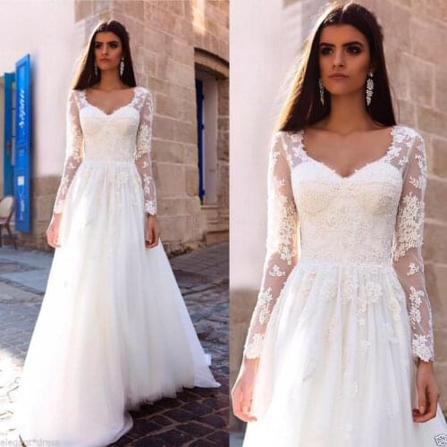 Boho Long Sleeve Wedding Dress Elegant 2020 Robe de mariee Vintage Lace Top New Bridal Dress Puffy Tulle Wedding Dresses