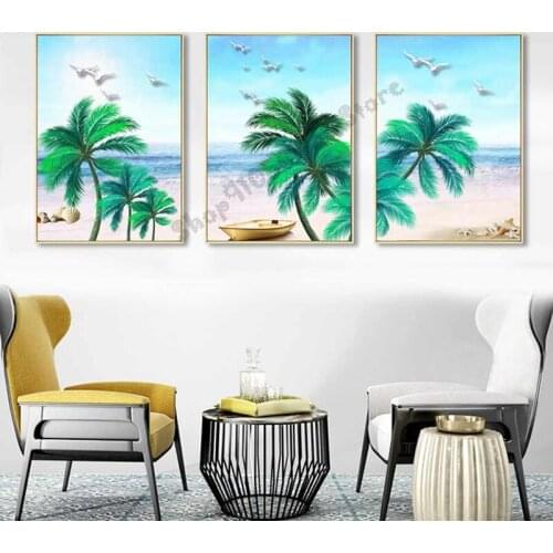 Tropical Beach Palm Tree Diamond Embroidery Landscape Diamond Painting Full square round Drill ,Diamant Triptych Crystal GG5096
