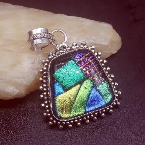 Gemstonefactory Jewelry Big Promotion 925 Silver Solitaire Vintage Dichroic Glass Women Ladies Gifts Necklace Pendant 1087