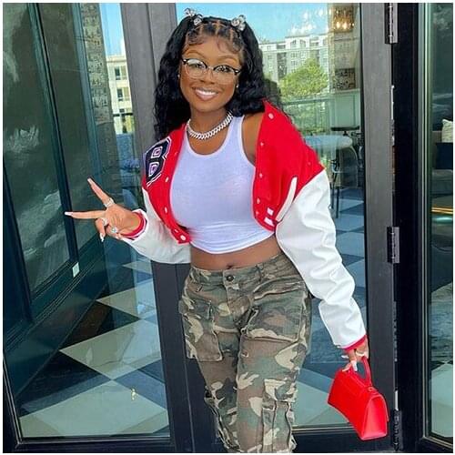 Baseball Jackets for Women 2021 Autumn Letter Print Color Patchwork Cropped Long Sleeve Loose Short Bomber Jacket