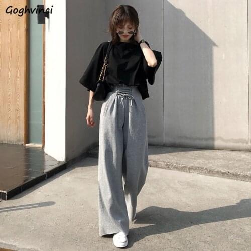 Women Sets Solid Simple Shirt Loose Big Size 2XL Straight Wide Leg Pants Criss-cross Drawstring Elastic Waist Elegant All-match