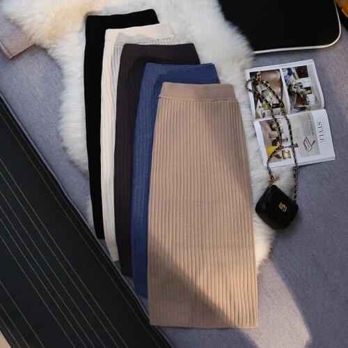 Zoki Winter Women Knitted Skirt Warm High Elastic Split Fork Midi Skirts High Waist Korean Slim Female Black Long Skirt New 2021