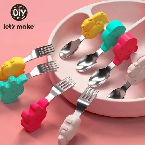 LetS Make 1Set Of Baby Animal Cute Feeding Short Handle Fork Spoon For Children Learn Eat And Train Silicone Tableware