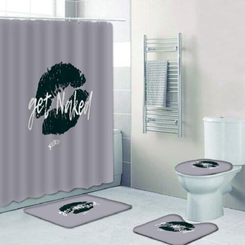 4 Pcs/Set 'Get Naked' Shower Curtain Sets with Non-Slip Rug Toilet Lid Cover and Bath Mat, Sexy Lips Shower Curtains