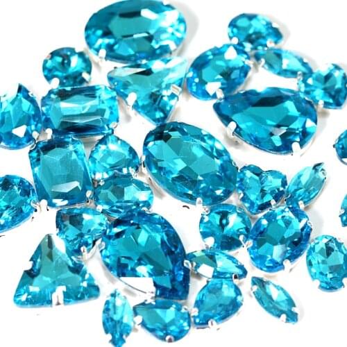 Aquamarine Sew On Rhinestone With Gold / Silver Flatback Teardrop Glass Blue Strass Sewing Rhinestones For Wedding Dress Y3500