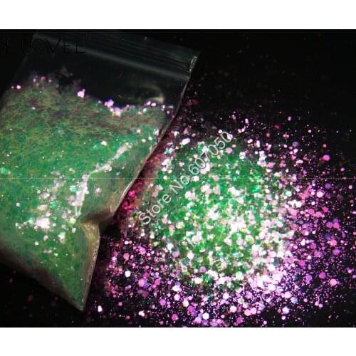 White Color Glitter Mixed Hexagon with Purple-red Green Light Tints Shining Powder Shape for Nail Art Glitter Craft Decoration