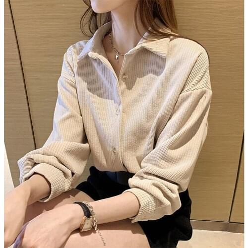 BF Style Texture Corduroy Chic Retro Soft Sweet Warm Solid Women Oversize Tops Loose All-Match Shirts Autumn Long Sleeve Winter