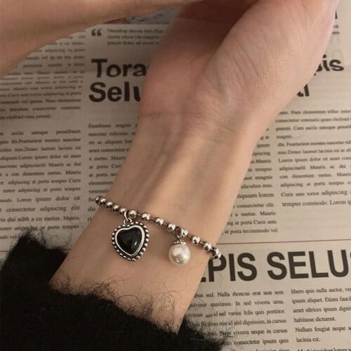 VENTFILLE 925 Sterling Silver Bead Chain Bracelet INS Fashion Simple Black LOVE Heart Pearl Pendant Elegant Bride Jewelry Gifts