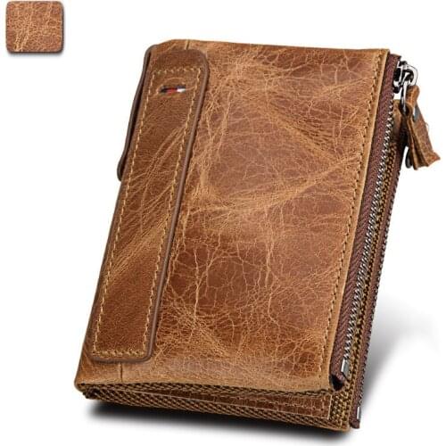 Brand RFID Protection Card Holder Genuine Leather Men Wallet Small Zipper Pocket Men Wallets Folding Male Short Coin Purse