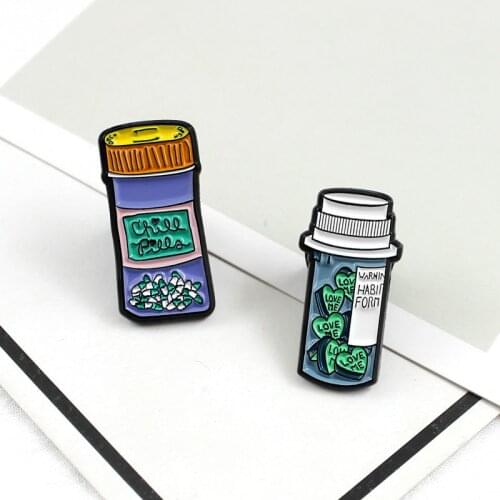Drift Bottle Brooch Cartoon Medicine Bottle CHILL PILL Heart Potion LOVE ME Juice Drink Enamel Pin Denim Shirt Badge Friend Gift