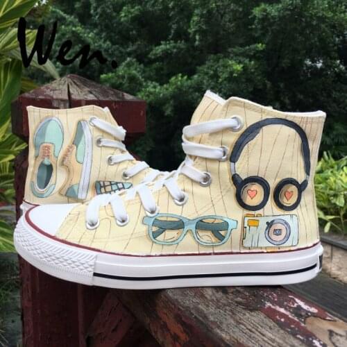 Wen Hand Painted Canvas Shoes Original Design Custom Popular Accessories Earphone Sunglasses Camera High Top Sneakers