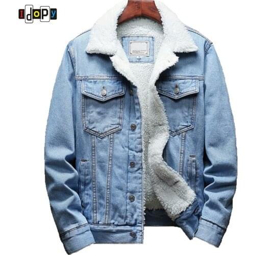 Idopy Winter Jean Jackets Outerwear Warm Denim Coats Men Large Size Fur Liner Thicken Winter Denim Jackets Plus Size S-6XL
