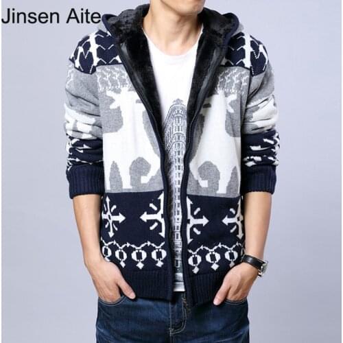 Jinsen Aite New Pull Homme Fashion Winter Wool Liner Warm Thick Knitting Men Jacket Sweater Christmas Deer Hooded Cardigan JS411