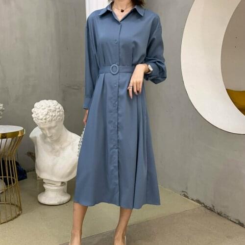 Korean Singer Button Blue Shirt Dress Women Long Sleeve Corset Midi Brief Dress Female Autumn Winter Vestidos Verano 2019 Mujer