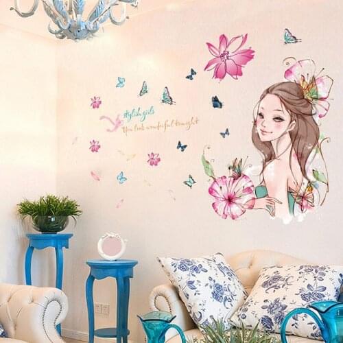 Pretty Fashion Girl wall sticker Vinyl DIY Watercolor butterfly girl wall decals For Childrens room bedroom home decor sticker